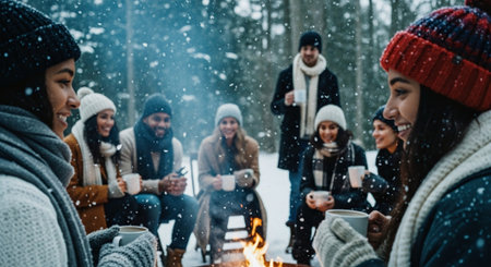 A group of friends gathered around a campfire in a snowy forest, enjoying hot drinks and sharing laughter, with snowflakes falling around themの素材