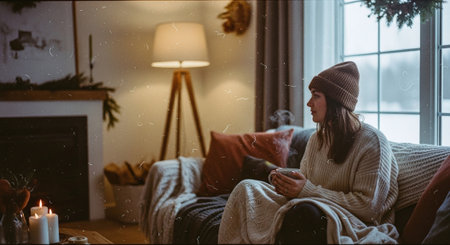 A woman sitting on a cozy couch in a warm living room, holding a cup, wearing a knitted hat and sweater, with a soft blanket, candles lit, and a winter view outsideの素材