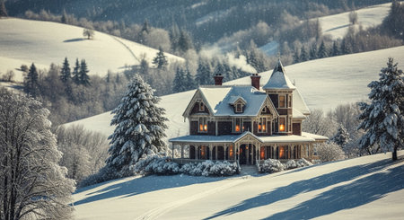 A beautiful Victorian-style house in a snowy landscape, surrounded by tall trees and rolling hills, with warm lights glowing from the windows, creating a cozy winter atmosphereの素材