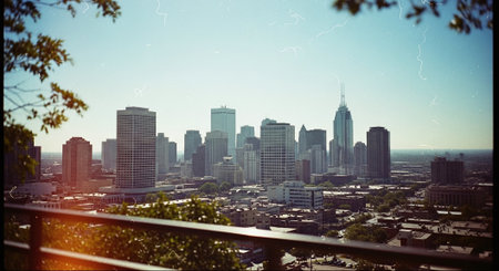 A panoramic view of a modern city skyline on a clear day, featuring tall skyscrapers and a bright blue skyの素材