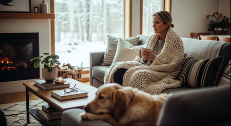 A cozy living room scene with a woman wrapped in a chunky knit blanket, sitting on a sofa, holding a cup, and a golden retriever lying nearby, snow visible outsideの素材