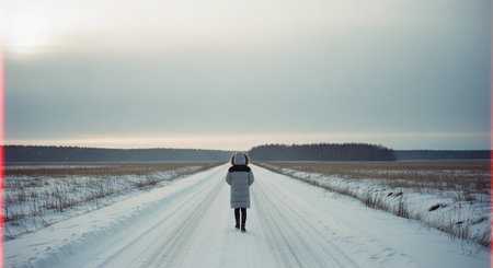 A person walking alone on a snowy road in a winter landscape, surrounded by fields and trees, with a cloudy skyの素材