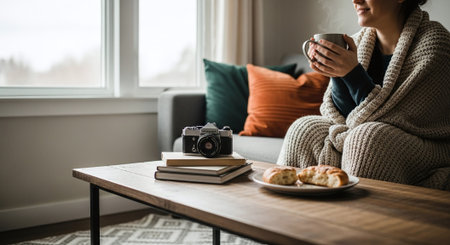 A cozy indoor scene featuring a woman wrapped in a blanket, holding a cup of coffee, sitting on a sofa with decorative pillows, a vintage camera on the table, and a plate of cookiesの素材