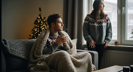 A cozy indoor scene with a man wrapped in a blanket holding a cup, looking out the window, while a woman stands nearby, both wearing matching sweaters, with a Christmas tree in the backgroundの素材