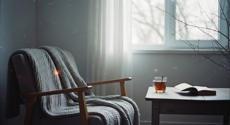 A cozy reading nook featuring a comfortable chair with a knitted blanket, a wooden table with a cup of tea and an open book, soft natural light streaming through a windowの素材