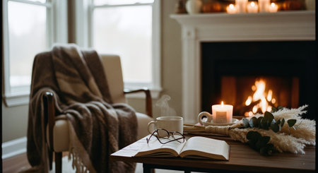 A cozy living room scene featuring a comfortable chair with a blanket, a coffee cup with steam, an open book, and a candle on a table, with a fireplace in the backgroundの素材