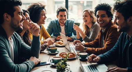 A diverse group of young adults enjoying a casual meeting in a cafe, smiling and engaging with each other, laptops and coffee cups on the table, pastries in the foregroundの素材