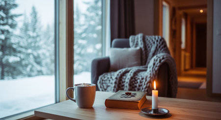 A cozy indoor scene featuring a warm drink, a book, and a candle on a wooden table, with a comfortable chair and snowy landscape visible through large windowsの素材