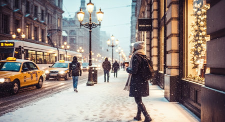 A woman standing on a snowy street holding a coffee cup, surrounded by people and vintage street lamps, with snow falling in a city settingの素材