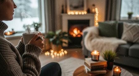 A person holding a cup of coffee, sitting in a cozy living room with a fireplace, decorated with warm lights and candles, creating a relaxing atmosphereの素材