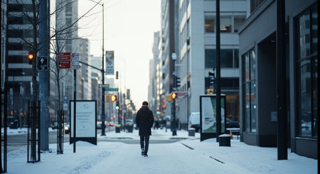 A solitary figure walking down a snowy urban street, surrounded by tall buildings and traffic lights, evoking a sense of winter solitudeの素材
