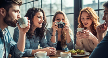 A group of friends enjoying a meal in a cafe, smiling and interacting, with coffee cups and a camera on the tableの素材