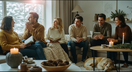 A cozy indoor gathering of friends sitting on a sofa, enjoying each others company during winter, with a warm atmosphere, candles, and a dog lying on the floorの素材