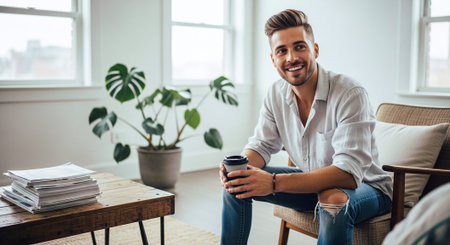 A young man sitting in a cozy living room, smiling while holding a coffee cup, with a plant in the background and a stack of magazines on a wooden tableの素材