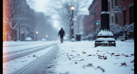 A snowy street scene with a lone figure walking, snow-covered ground, leafless trees, and street lamps illuminating the pathの素材