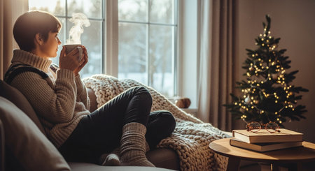 A cozy indoor scene featuring a person holding a steaming mug, sitting on a sofa with a knitted blanket, near a decorated Christmas tree and large windows with natural lightの素材