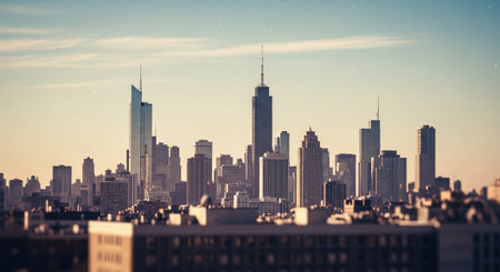 A panoramic view of a city skyline during sunset, featuring tall skyscrapers and a clear skyの素材