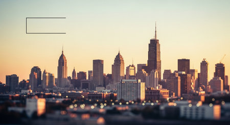 A panoramic view of a city skyline during sunset, featuring tall skyscrapers and a warm color paletteの素材