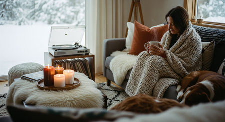 A cozy living room scene featuring a woman wrapped in a blanket, sitting on a sofa with a cup, surrounded by candles and a record player, with snow visible outsideの素材