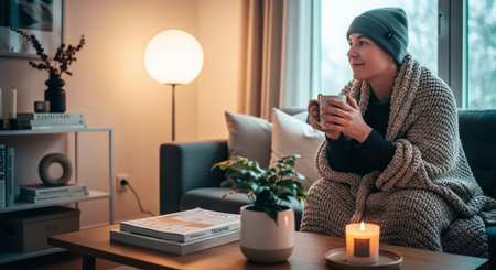 A cozy indoor scene featuring a person wrapped in a knitted blanket, sitting on a couch with a cup in hand, surrounded by warm lighting and decorative elementsの素材