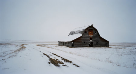 A rustic barn in a snowy landscape, surrounded by white fields and a dirt road, under a gray skyの素材