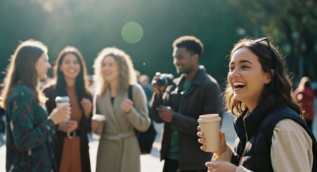 A group of friends enjoying a sunny day outdoors, laughing and chatting while holding coffee cupsの素材