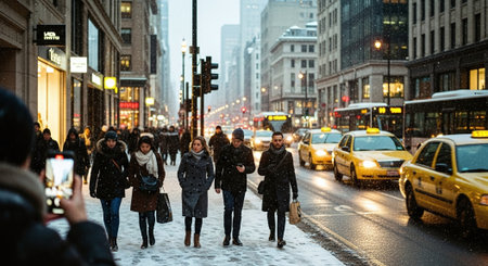 A busy city street in winter with people walking in the snow, taxis and buses on the road, tall buildings in the background, and a gray skyの素材