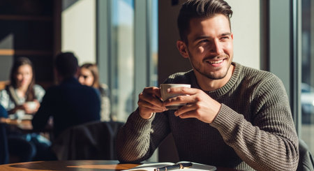 A young man sitting in a cafe, holding a cup of coffee, smiling, wearing a cozy sweater, with natural light streaming in through large windowsの素材