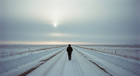 A solitary figure walking on a snow-covered road, with a vast open landscape and a cloudy sky in the backgroundの素材