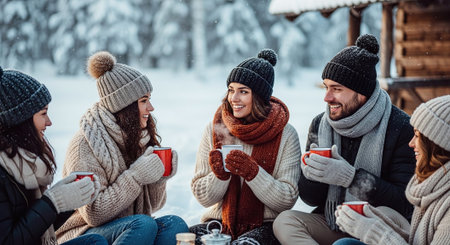 A group of friends enjoying hot drinks in a snowy landscape, wearing cozy winter clothing, sitting together and smilingの素材