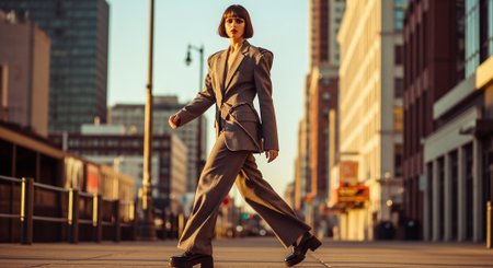 A fashionable woman in a stylish oversized suit walking confidently on a city street during golden hourの素材