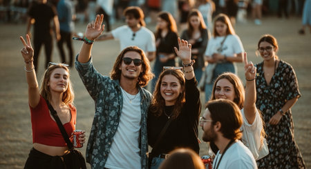 Group of happy young people having fun at music festival, dancing and having funの素材