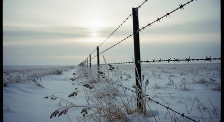 A snow-covered landscape with a barbed wire fence stretching into the distance under a cloudy skyの素材