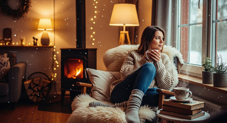 A woman sitting in a cozy living room, holding a cup, looking out the window during winter, with a warm fire in the backgroundの素材