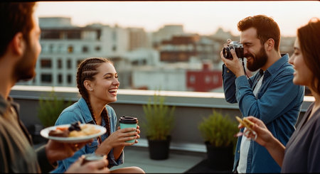 A group of friends enjoying a rooftop gathering, one person taking a photo, laughter and food presentの素材