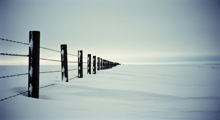 A snow-covered landscape featuring a barbed wire fence extending into the distance under a cloudy skyの素材
