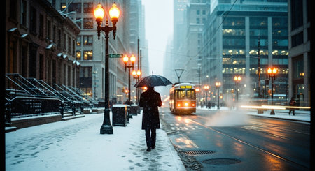 A man with an umbrella walks along a street in New York City.の素材
