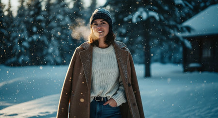 Smiling young woman in coat and hat standing under snowfall in winter forestの素材