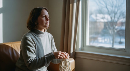 Young woman sitting on the couch at home and knitting woolen sweaterの素材