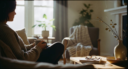 Side view of young woman sitting on sofa and drinking coffee in living room at homeの素材