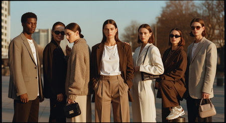 Fashionable young women and men posing in the city streets.の素材