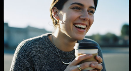 Portrait of smiling young woman holding takeaway coffee cup and looking awayの素材