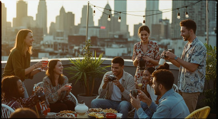 Group of friends having a barbecue party in a rooftop restaurant on New York Cityの素材