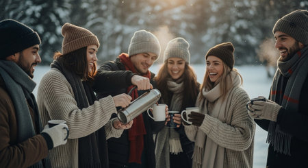 Group of friends drinking hot tea in winter forest. Group of young people having fun outdoors.の素材