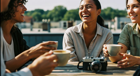 Group of friends having fun together in cafe. Cheerful young women drinking coffee and talking while sitting at table outdoorsの素材
