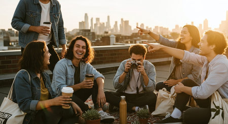 Group of friends having fun on rooftop in New York City. They are sitting on the roof and drinking coffee.の素材