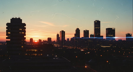 Cityscape at sunset. Panoramic view of the city.の素材