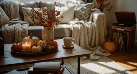 Cozy living room with cozy sofa, coffee cup and autumn decorの素材