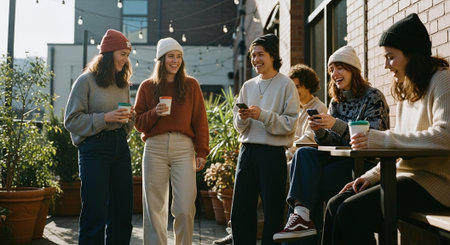 Group of happy young women drinking coffee and using mobile phones while sitting in cafe outdoorsの素材