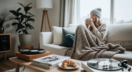 Young woman covered with a blanket sitting on the couch in the living room and drinking coffeeの素材